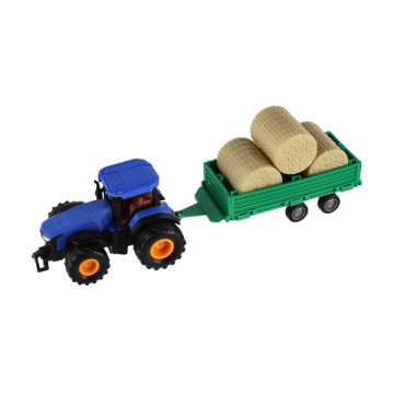 Traktor s vlekem s balíkama plast 30cm na setrvačník 3 barvy v krabici 33x12x9cm