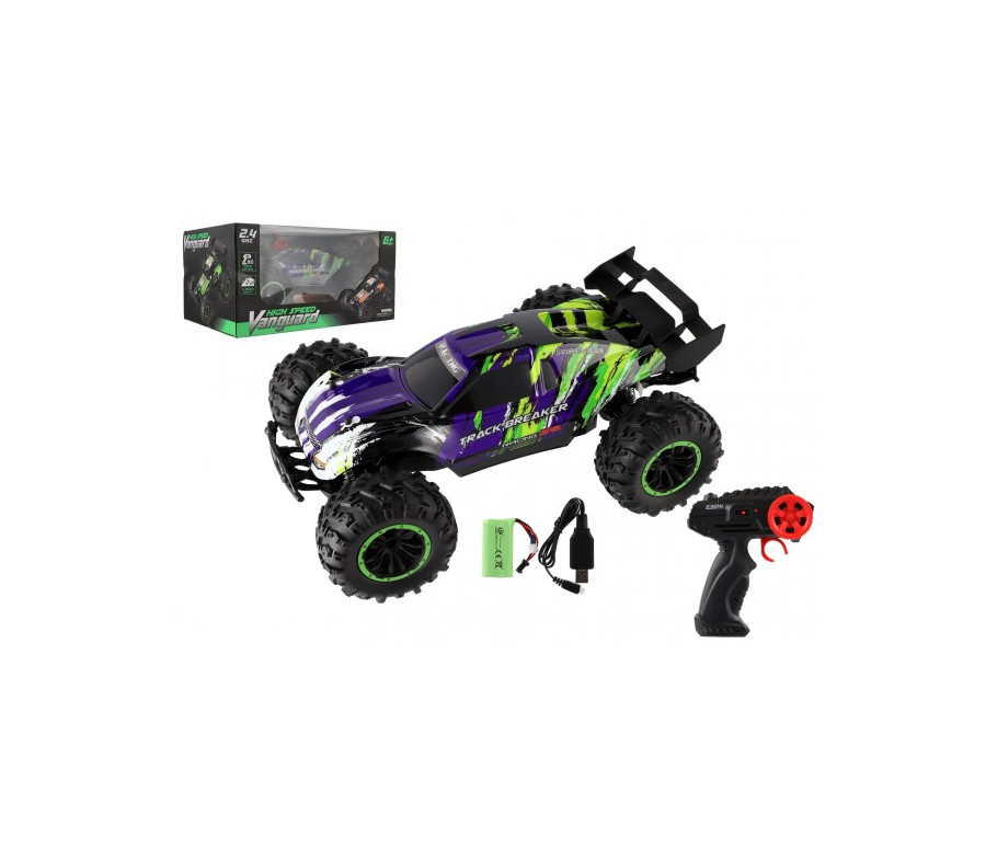 Auto RC Buggy rychlostní 2,4GHz plast 40cm dobíjecí pack+baterie fialové v krabici 42x21x28cm