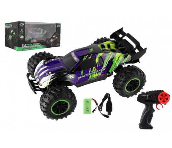 Auto RC Buggy rychlostní 2,4GHz plast 40cm dobíjecí pack+baterie fialové v krabici 42x21x28cm