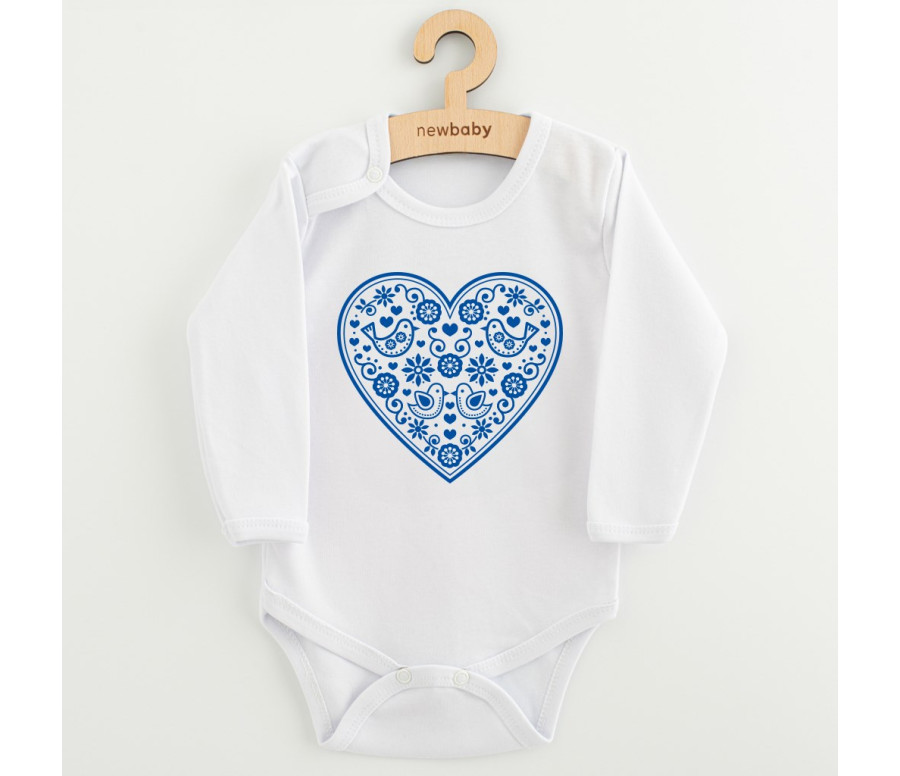 Dětské body s potiskem New Baby Lidový vzor modré srdíčko