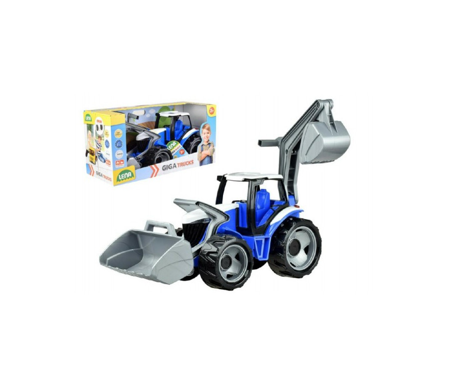 Traktor se lžící a bagrem plast modro-šedý 65cm v krabici od 3 let