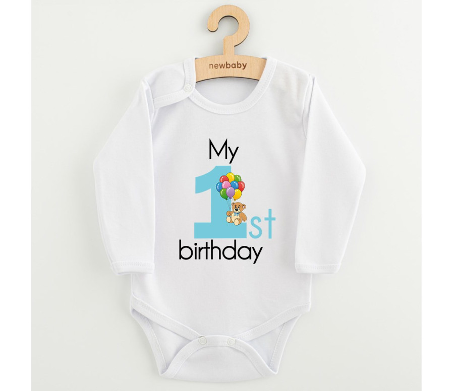 Dětské body s potiskem New Baby My first birthday blue