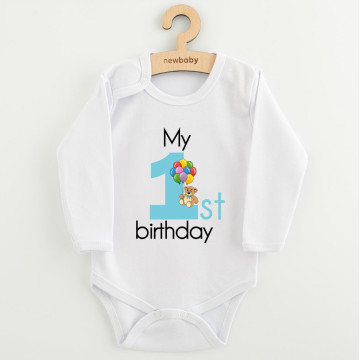 Dětské body s potiskem New Baby My first birthday blue