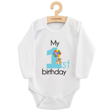 Dětské body s potiskem New Baby My first birthday blue