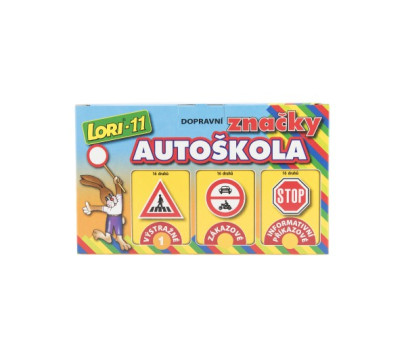 Stavebnice LORI 11 Autoškola Dopravní značky 16ks+2 kužely+auto plast v krabici 22x13x6cm