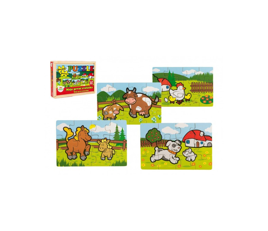 Puzzle dřevěné Moje první zvířátka 4x12 dílků 20x14x3,5cm v dřevěné krabičce 24m+ MPZ