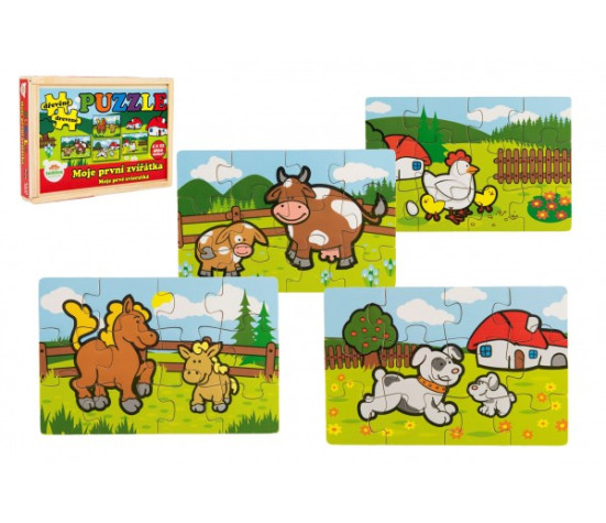 Puzzle dřevěné Moje první zvířátka 4x12 dílků 20x14x3,5cm v dřevěné krabičce 24m+ MPZ