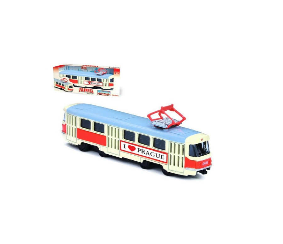 Tramvaj Tatra T3 česká kovová 16cm I LOVE PRAGUE retro na zpětný chod v krabičce 20x8x6cm CZ design