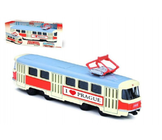 Tramvaj Tatra T3 česká kovová 16cm I LOVE PRAGUE retro na zpětný chod v krabičce 20x8x6cm CZ design