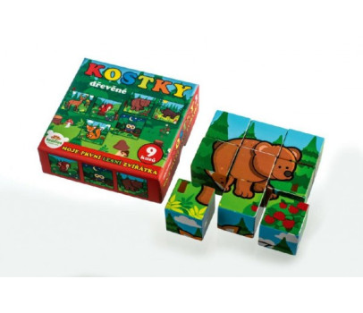 Kostky kubus dřevěné Moje první zvířátka lesní dřevo 9x9x3cm 9ks v krab.11x11x6cm od 12 měsíců MPZ