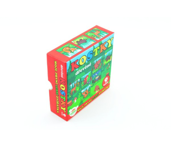 Kostky kubus dřevěné Moje první zvířátka lesní dřevo 9x9x3cm 9ks v krab.11x11x6cm od 12 měsíců MPZ