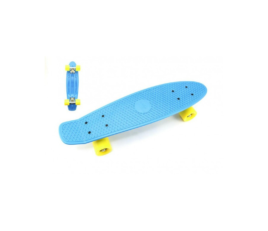 Skateboard - pennyboard 60cm nosnost 90kg, kovové osy, modrá barva, žlutá kola