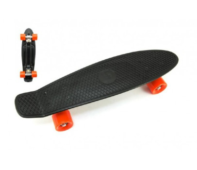 Skateboard - pennyboard 60cm nosnost 90kg, kovové osy, černá barva, oranžová kola