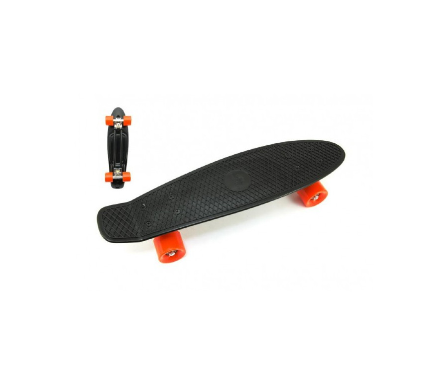 Skateboard - pennyboard 60cm nosnost 90kg, kovové osy, černá barva, oranžová kola