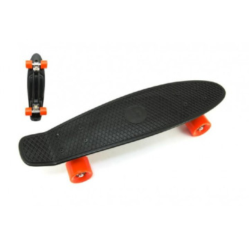 Skateboard - pennyboard 60cm nosnost 90kg, kovové osy, černá barva, oranžová kola