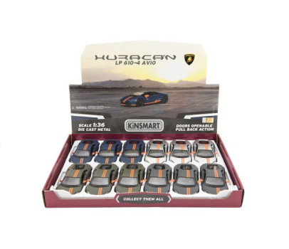 Auto Kinsmart Lamborghini Huracan kov/plast 12cm na zpětné natažení 4 barvy 12ks v boxu