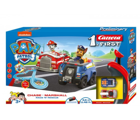 Autodráha Carrera First Paw Patrol/Tlapková Patrola 3,5m plast +2 auta na bat. v krabici 50x30x8cm