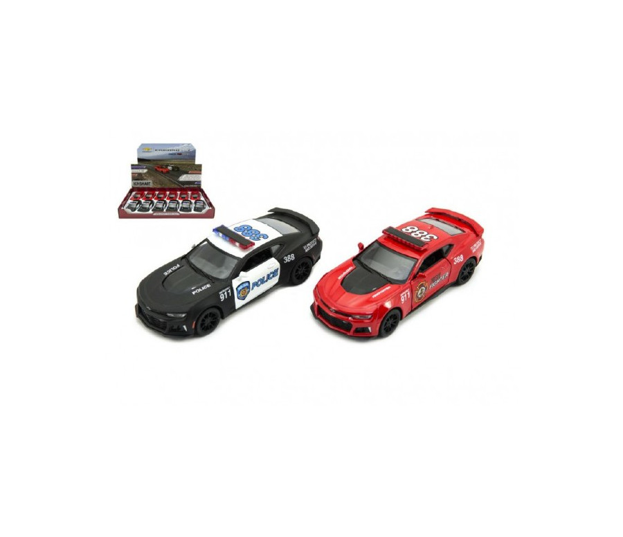Auto Kinsmart Chevrolet Camaro policie/hasiči 12cm kov/plast 2 barvy na zpětné natažení 12ks v boxu