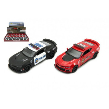 Auto Kinsmart Chevrolet Camaro policie/hasiči 12cm kov/plast 2 barvy na zpětné natažení 12ks v boxu