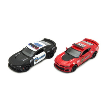 Auto Kinsmart Chevrolet Camaro policie/hasiči 12cm kov/plast 2 barvy na zpětné natažení 12ks v boxu