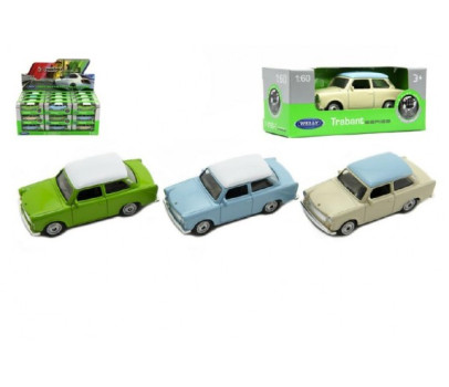 Auto Welly Trabant 1:60 kov 7cm mix barev volný chod v krabičce 36ks v boxu