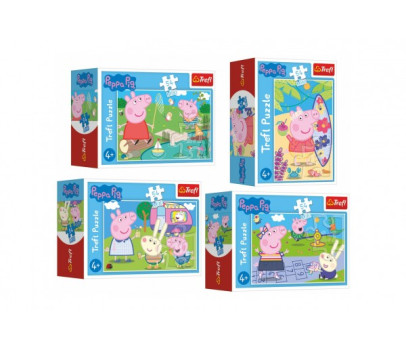 Minipuzzle 54 dílků Šťastný den Prasátka Peppy/Peppa Pig 4 druhy v krabičce 9x6,5x3,5cm 40ks v boxu