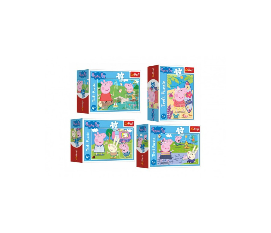 Minipuzzle 54 dílků Šťastný den Prasátka Peppy/Peppa Pig 4 druhy v krabičce 9x6,5x3,5cm 40ks v boxu