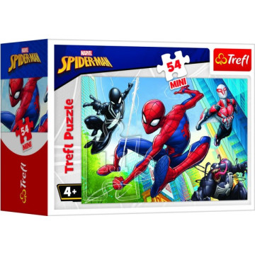 Minipuzzle 54 dílků Spidermanův čas 4 druhy v krabičce 9x6,5x4cm 40ks v boxu