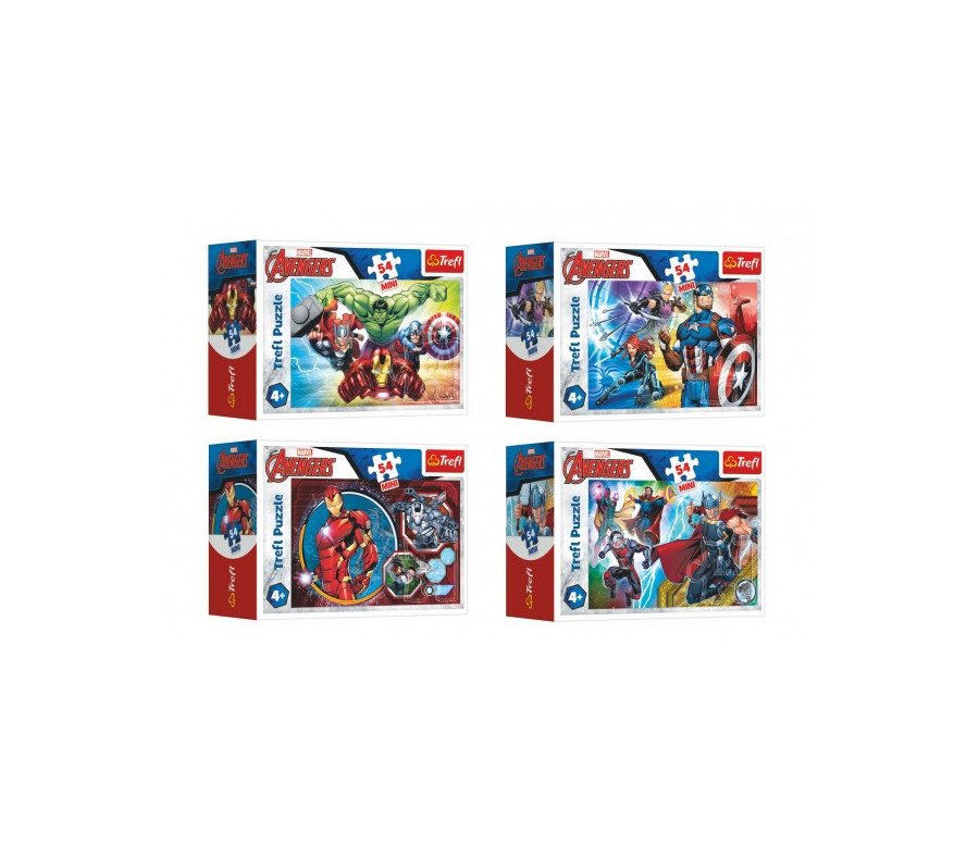 Minipuzzle 54 dílků Avengers/Hrdinové 4 druhy v krabičce 9x6,5x4cm 40ks v boxu