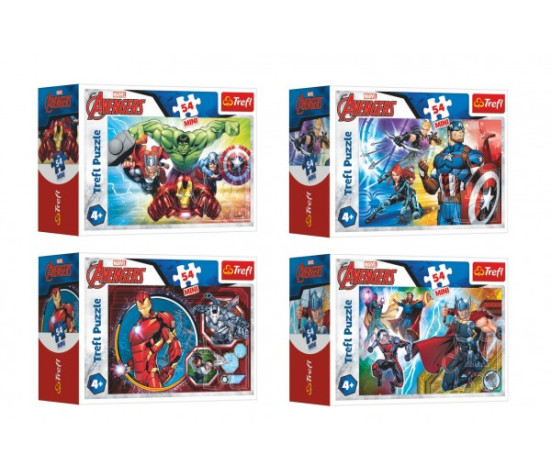 Minipuzzle 54 dílků Avengers/Hrdinové 4 druhy v krabičce 9x6,5x4cm 40ks v boxu