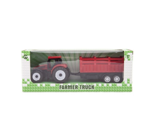 Traktor s vlekem plast 21cm na volný chod 2 barvy v krabičce 23x9x6cm