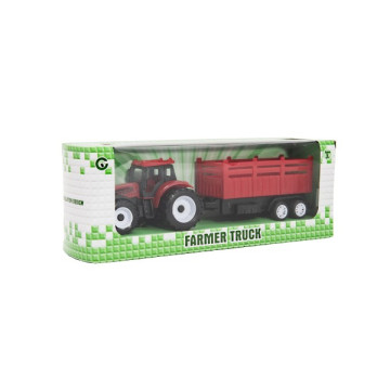 Traktor s vlekem plast 21cm na volný chod 2 barvy v krabičce 23x9x6cm