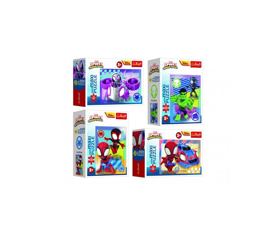 Minipuzzle miniMAXI 20 dílků Spidey a jeho úžasní přátelé 4 druhy v krabičce 11x8x4cm 24ks v boxu