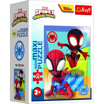 Minipuzzle miniMAXI 20 dílků Spidey a jeho úžasní přátelé 4 druhy v krabičce 11x8x4cm 24ks v boxu