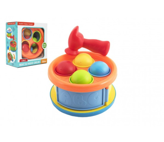 Zatloukačka/Bubínek 17cm 2v1 plast s kladívkem s míčky 4ks 2 barvy v krabici 18x20x10cm 12m+