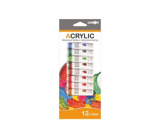 Akrylové barvy 12ml 12ks i na keramiku,sklo,kameny v krabičce 11x26cm