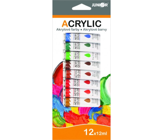 Akrylové barvy 12ml 12ks i na keramiku,sklo,kameny v krabičce 11x26cm