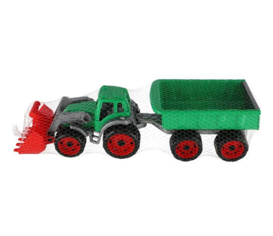 Traktor/nakladač/bagr s vlekem se lžící plast na volný chod 2 barvy v síťce 16x61x16cm