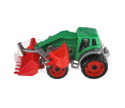 Traktor/nakladač/bagr se 2 lžícemi plast na volný chod 2 barvy v síťce 16x35x16cm