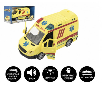 Auto ambulance plast 20cm na setrvačník na baterie se zvukem se světlem v krabici 26x15x12cm