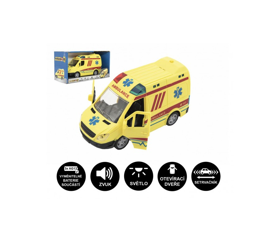 Auto ambulance plast 20cm na setrvačník na baterie se zvukem se světlem v krabici 26x15x12cm