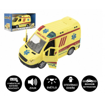 Auto ambulance plast 20cm na setrvačník na baterie se zvukem se světlem v krabici 26x15x12cm