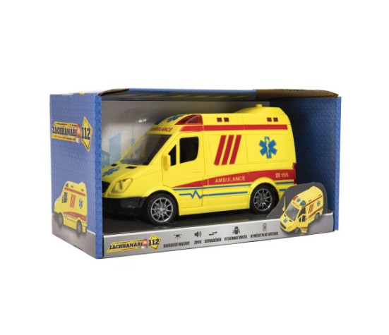 Auto ambulance plast 20cm na setrvačník na baterie se zvukem se světlem v krabici 26x15x12cm