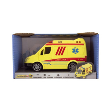 Auto ambulance plast 20cm na setrvačník na baterie se zvukem se světlem v krabici 26x15x12cm