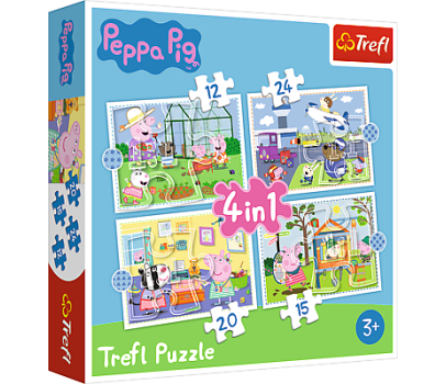 Puzzle 4v1 Peppa Pig/Prásátko Pepa Vzpomínka na prázdniny v krabici 28x28x6cm