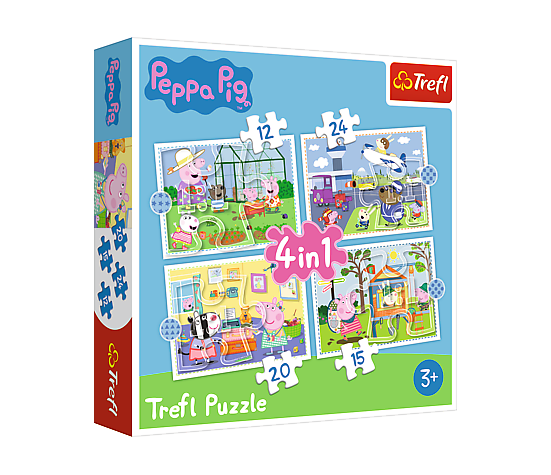 Puzzle 4v1 Peppa Pig/Prásátko Pepa Vzpomínka na prázdniny v krabici 28x28x6cm