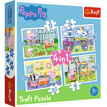 Puzzle 4v1 Peppa Pig/Prásátko Pepa Vzpomínka na prázdniny v krabici 28x28x6cm