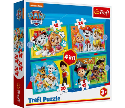 Puzzle 4v1 Šťastný tým Paw Patrol/Tlapková Patrola v krabici 28x28x6cm