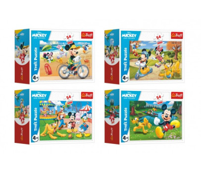 Minipuzzle 54 dílků Mickey Mouse Disney/ Den s přáteli 4 druhy v krabičce 9x6,5x4cm 40ks v boxu