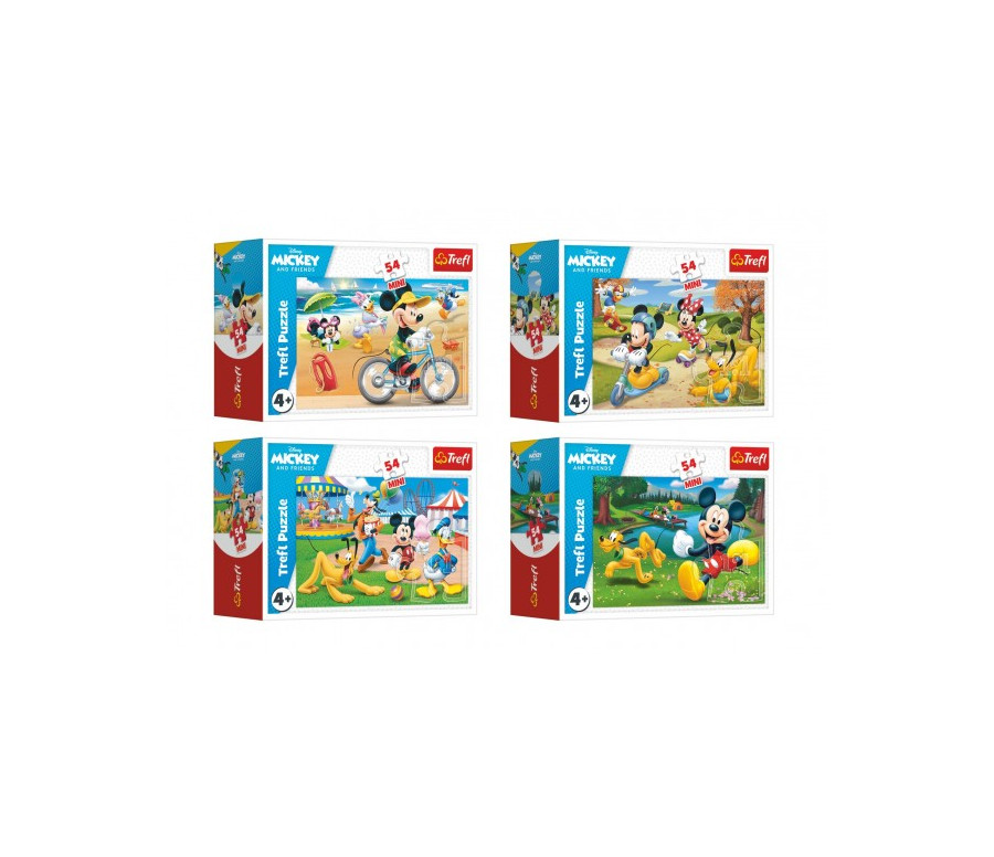 Minipuzzle 54 dílků Mickey Mouse Disney/ Den s přáteli 4 druhy v krabičce 9x6,5x4cm 40ks v boxu